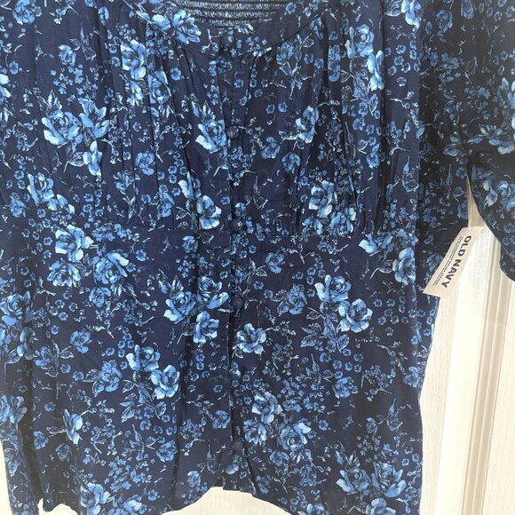 Old Navy Button Front Smocked Back Blouse Puff Sleeve Peasant Top Blue Floral - Picture 6 of 7